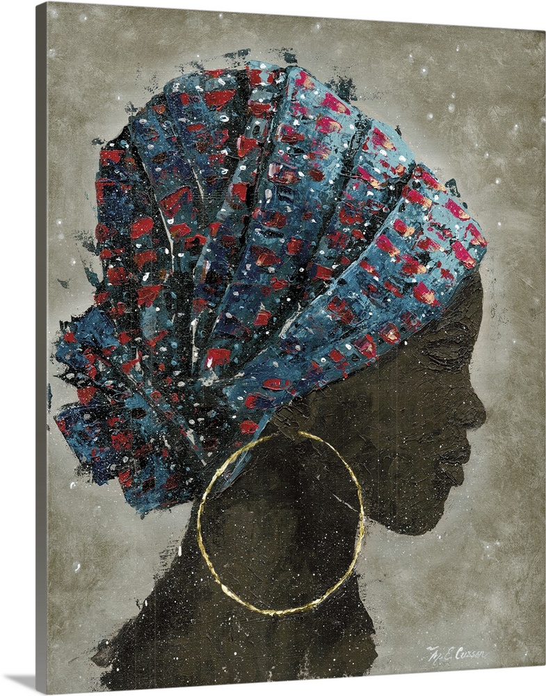 A textured painting of a portrait of a woman with large hooped earrings and a colorful head scarf.