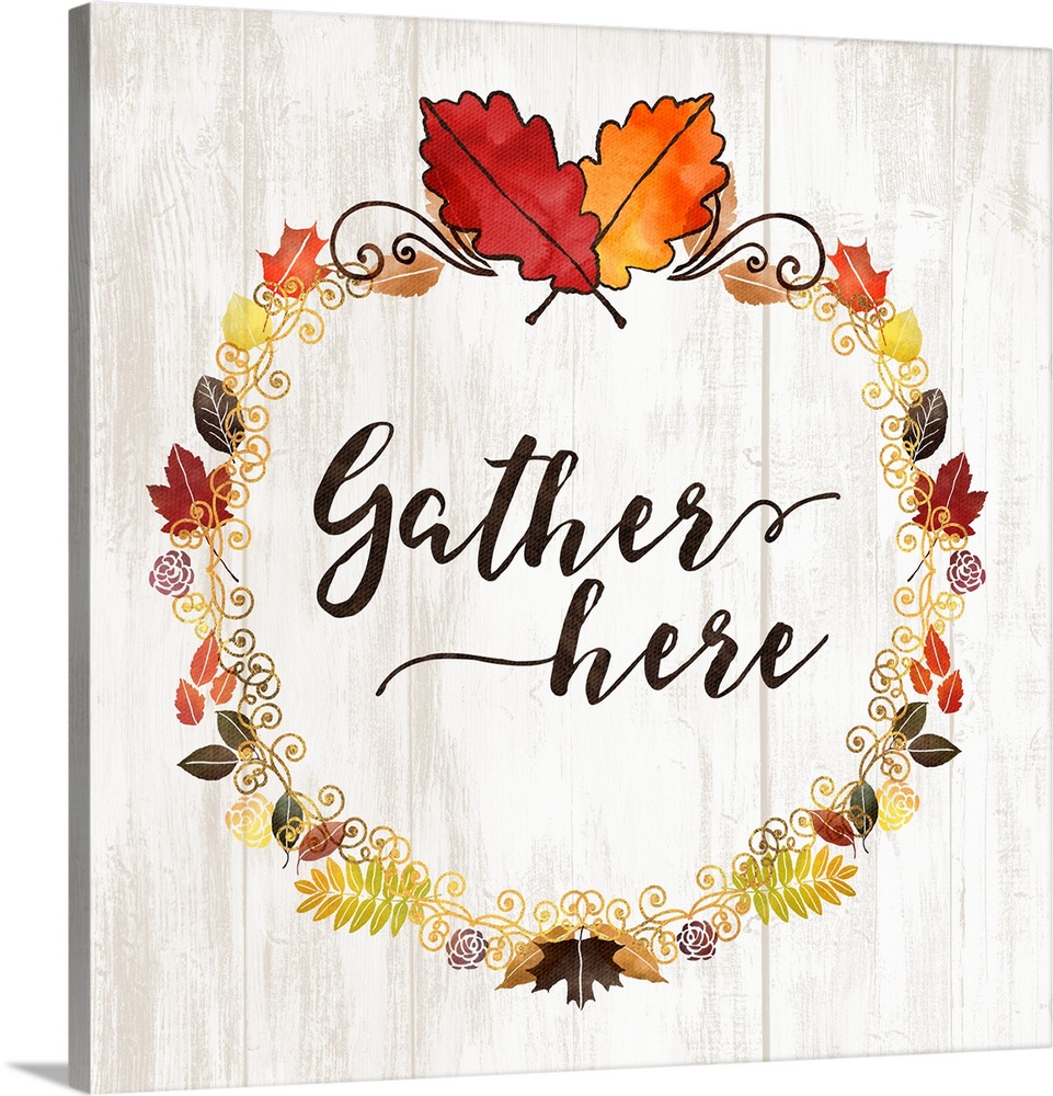 "Gather Here" with a seasonal wreath and autumn leaves on a white wood backdrop.