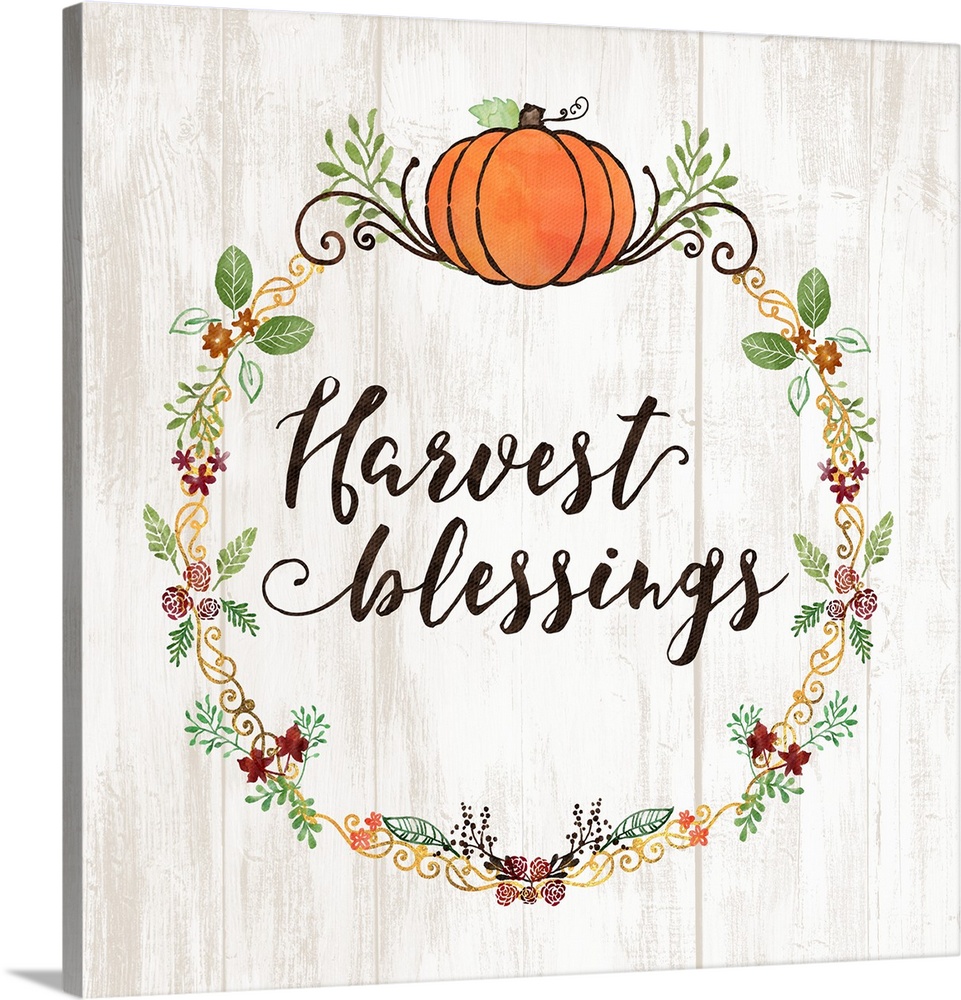 "Harvest Blessings" with a seasonal wreath and pumpkin on a white wood backdrop.