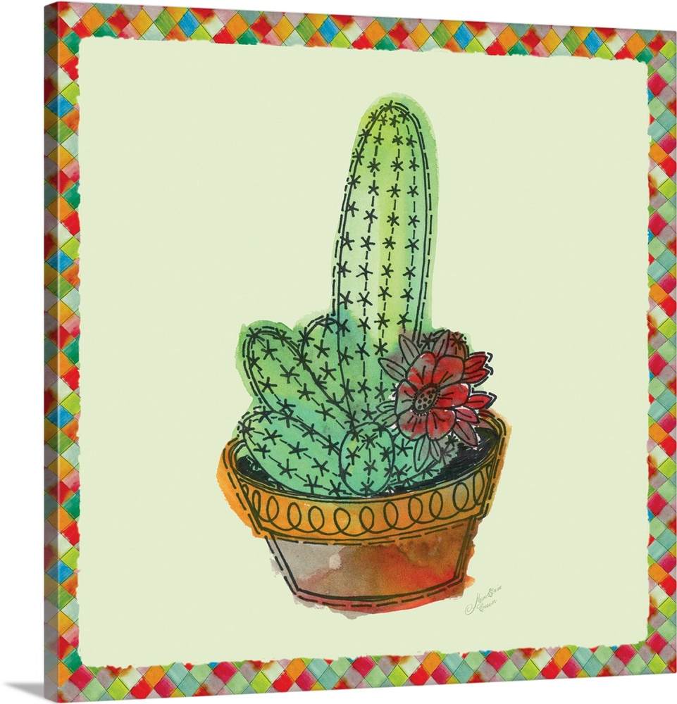 A decorative watercolor painting of succulents in colorful clay pot with a multi-colored square border.
