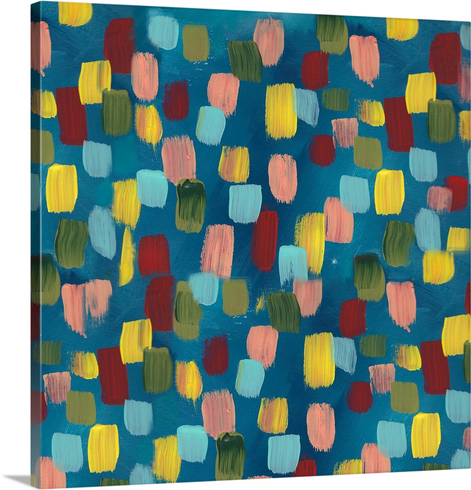 Square contemporary painting of multi-colored spots on a blue background.