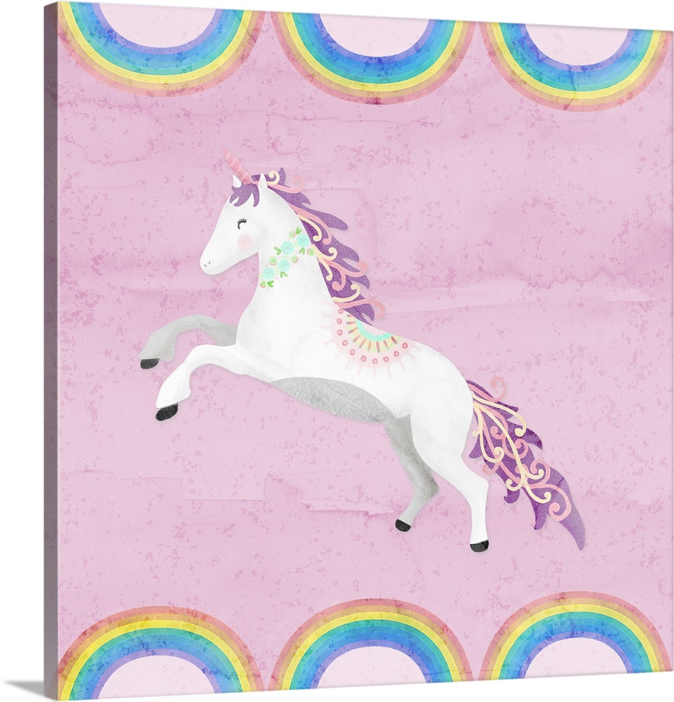 A decorative whimsical design of a white and purple unicorn with a watercolor pink background bordered with rainbows.