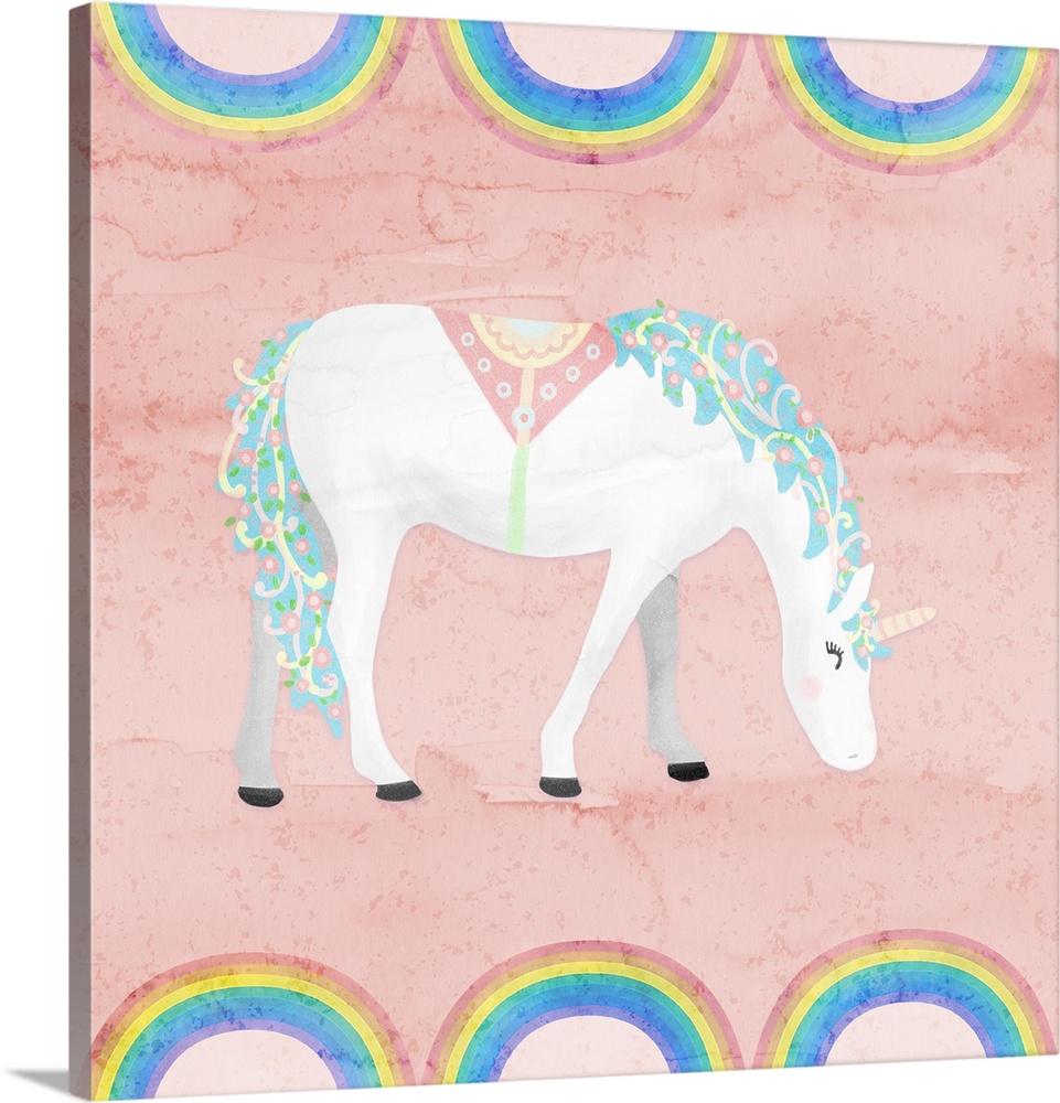 A decorative whimsical design of a white and blue unicorn with a watercolor orange background bordered with rainbows.