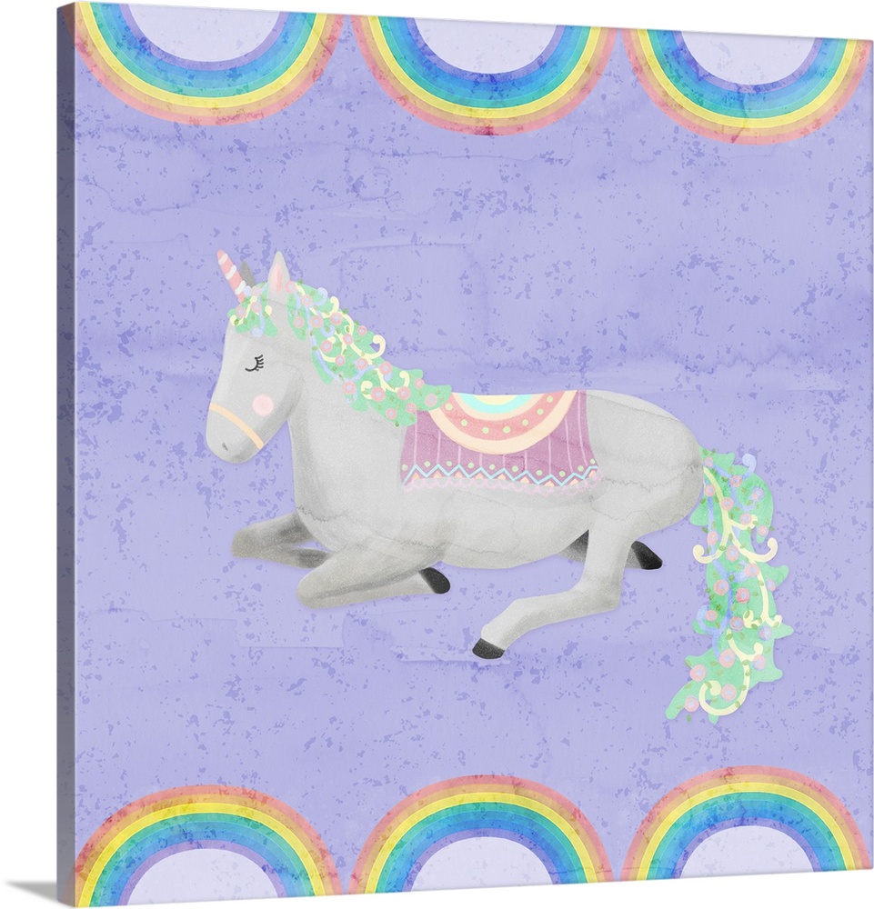 A decorative whimsical design of a gray and green unicorn with a watercolor purple background bordered with rainbows.