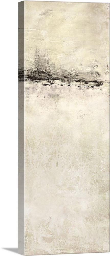 A long vertical abstract painting of a rough stroked black horizontal line on textured beige.