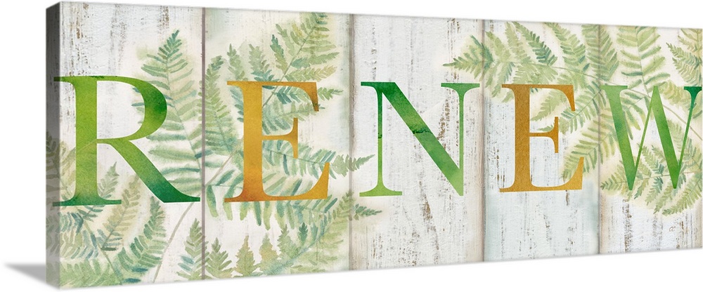 "Renew" in gold and green over a watercolor image of fern leaves with a wood plank appearance.