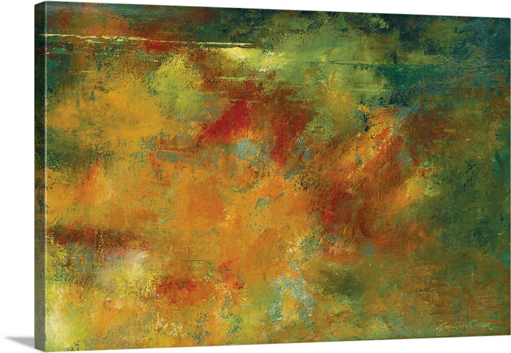 Horizontal abstract of orange, yellow and green colors with a roughen consistency.