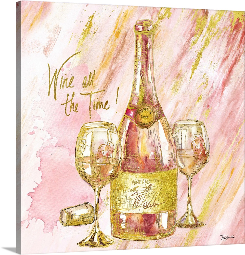 Decorative artwork of a wine bottle and glasses against pink and gold streaks and the text "Wine All The Time!" in gold.