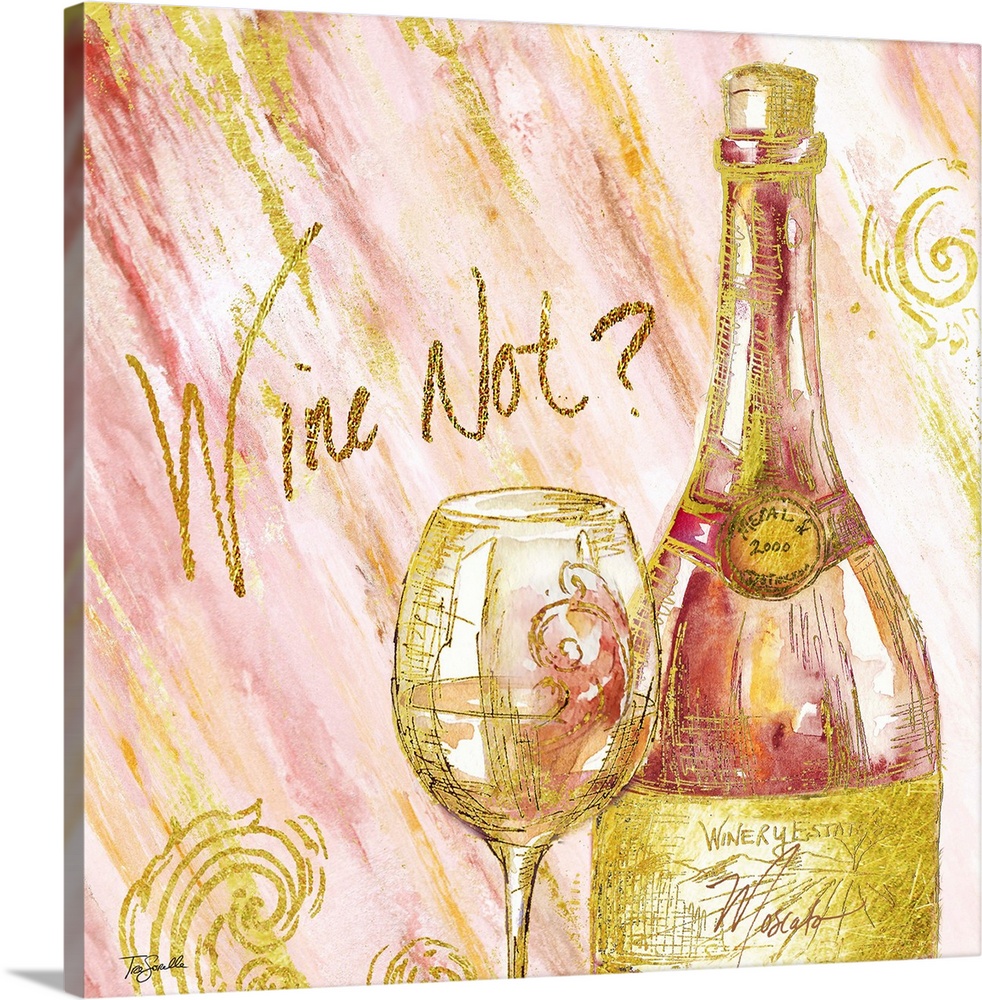 Decorative artwork of a wine bottle and glass against pink and gold streaks and the text "Wine Not?" in gold.
