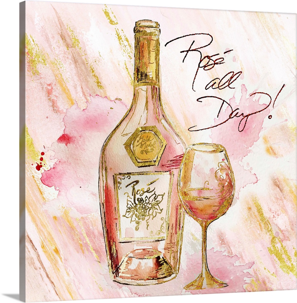 Decorative artwork of a wine bottle and glass against pink and gold streaks and the text "Rose All Day!" in gold.