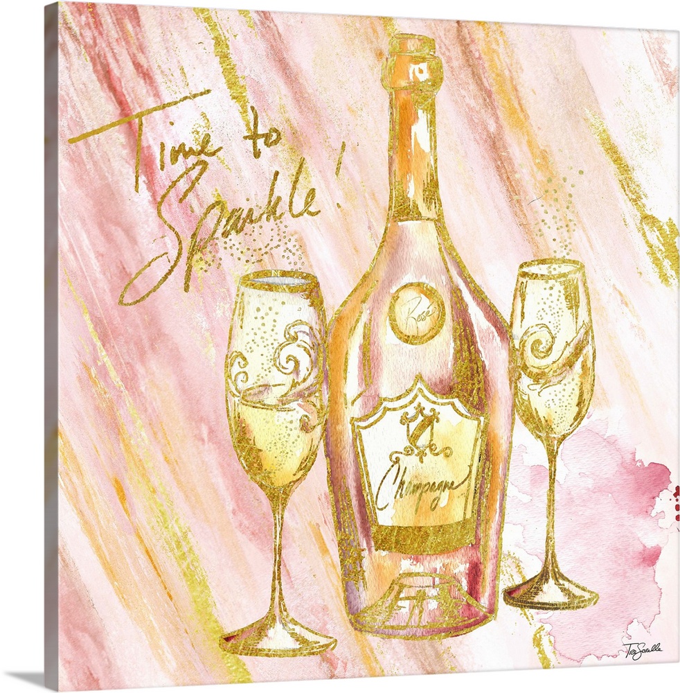 Decorative artwork of a champagne bottle and glasses against pink and gold streaks and the text "Time To Sparkle!" in gold.