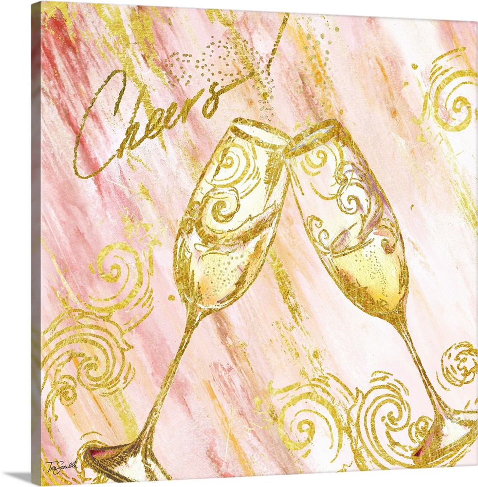 Decorative artwork of glasses against pink and gold streaks and the text "Cheers!" in gold.