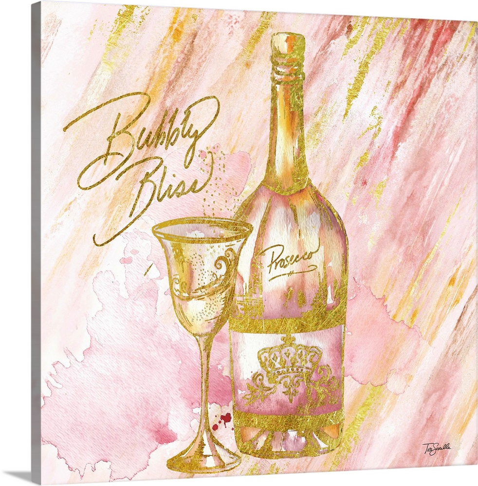 Decorative artwork of a champagne bottle and glass against pink and gold streaks and the text "Bubbly Bliss" in gold.