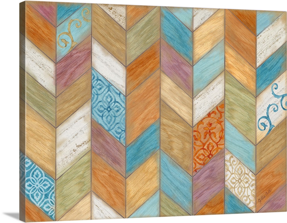 Artwork of multi-colored wood shapes making a chevron design featuring a floral pattern throughout.
