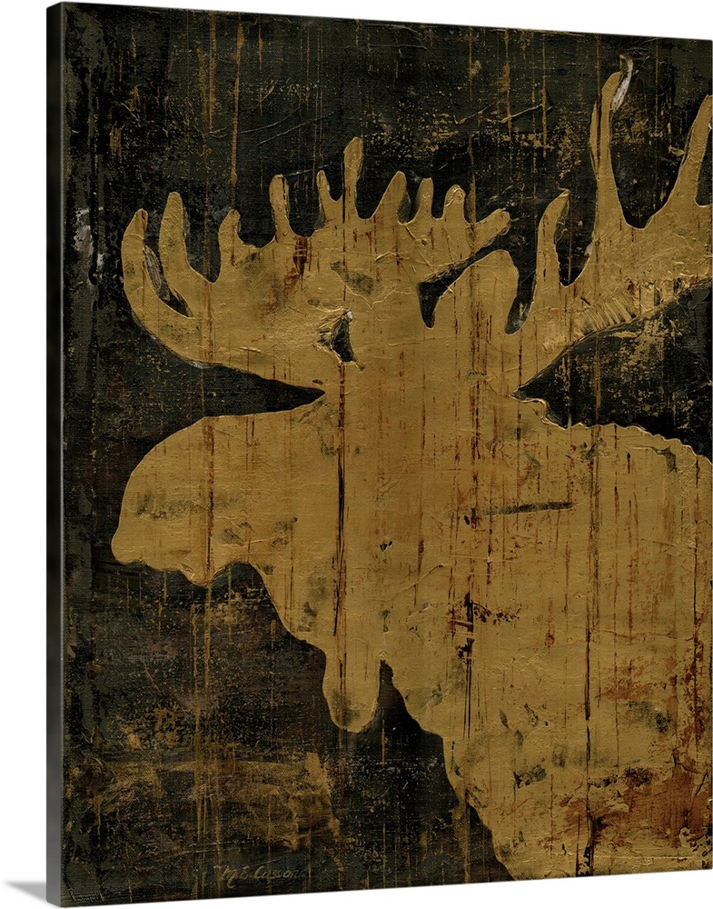 A rustic decorative image of a moose in golden brown with a wood texture.