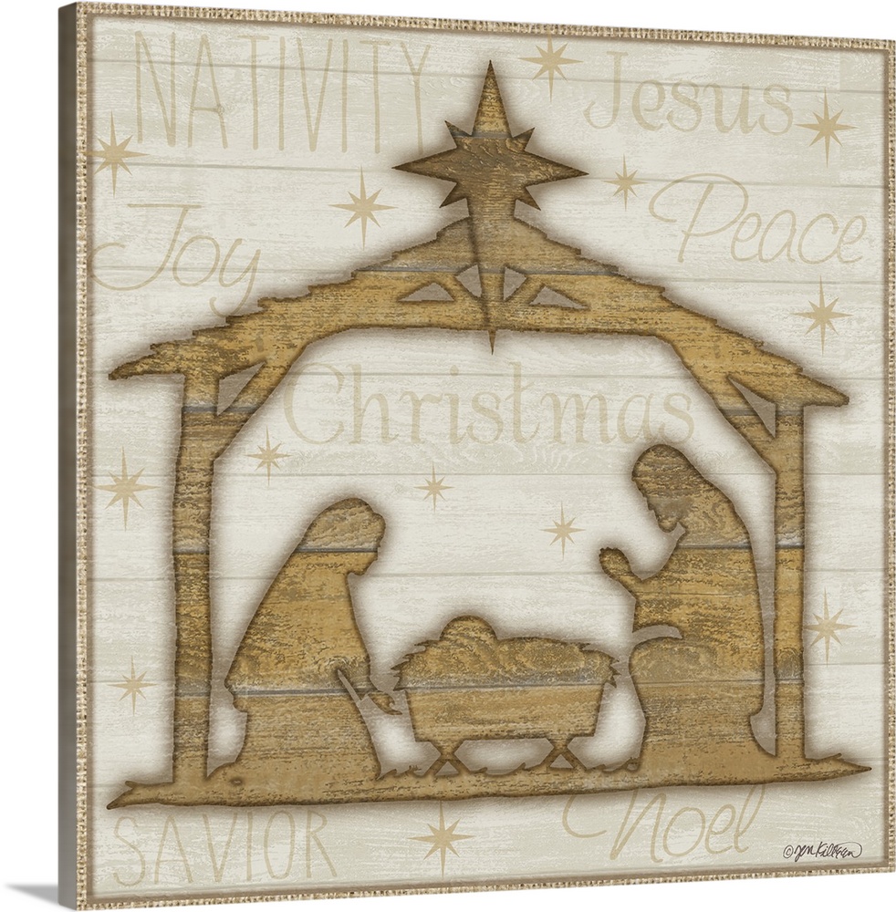 A nativity scene silhouette in wood with words and stars in the background.