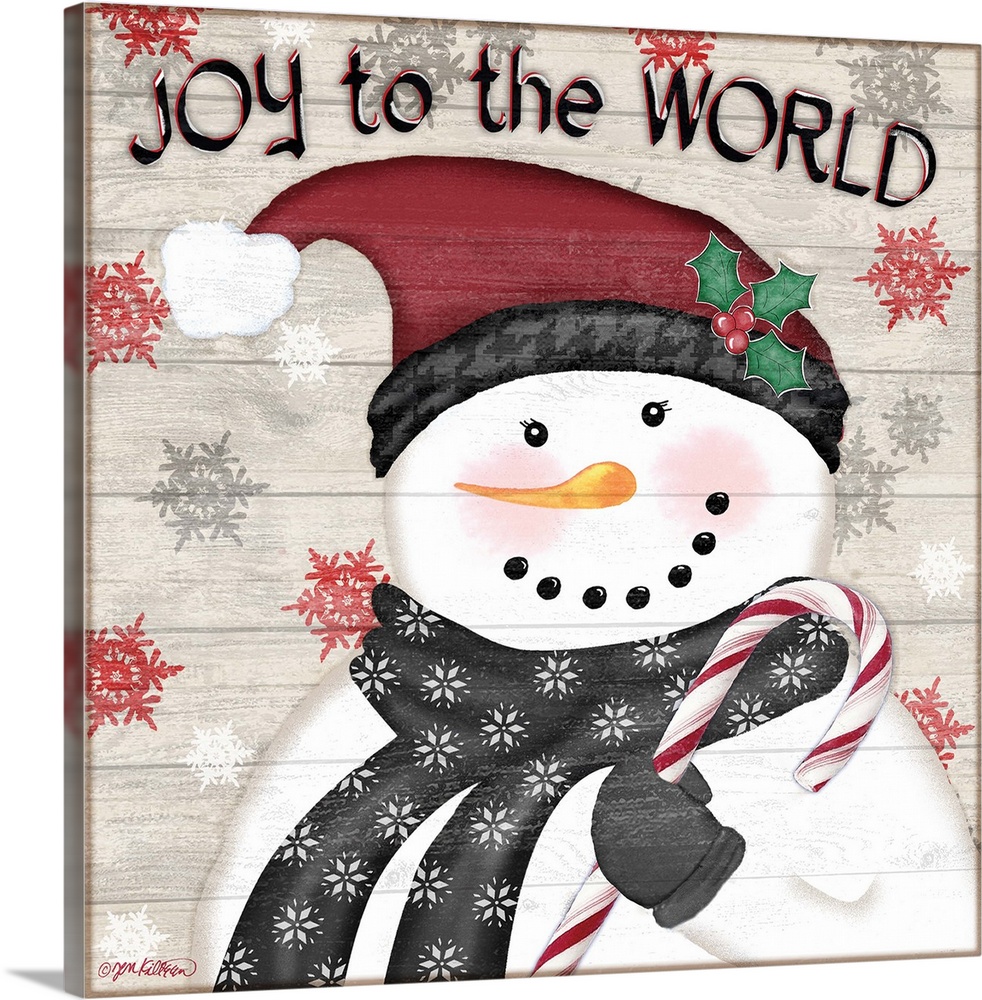 A decorative design of a snowman holding a candy cane with multi-colored snowflakes on a wood plank background and the tex...