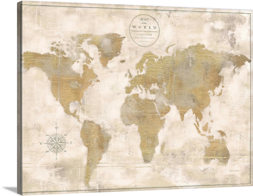 A world map design in metallic gold with a distressed overlay.