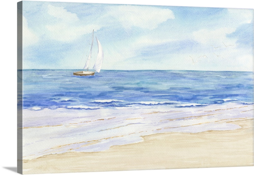 A visionary watercolor scene of calm ocean waves on a beach with a sailboat and seagulls off in the distance.