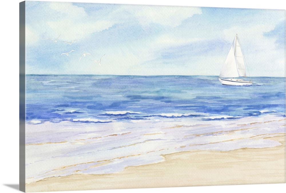 A visionary watercolor scene of calm ocean waves on a beach with a sailboat and seagulls off in the distance.