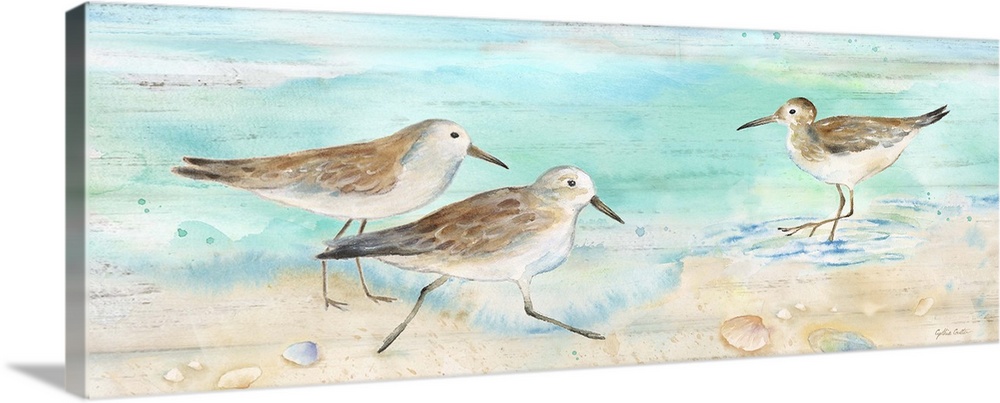 A charming watercolor painting of sandpipers walking on a beach.