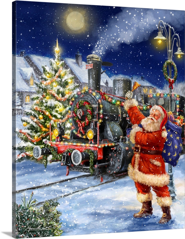 Image of Santa ringing a bell in front of a train covered with decorations.