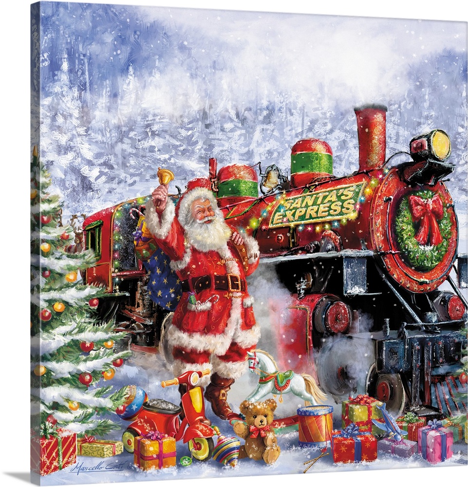Contemporary painting of Santa with the Santa Express train and many toys on a snowy night.