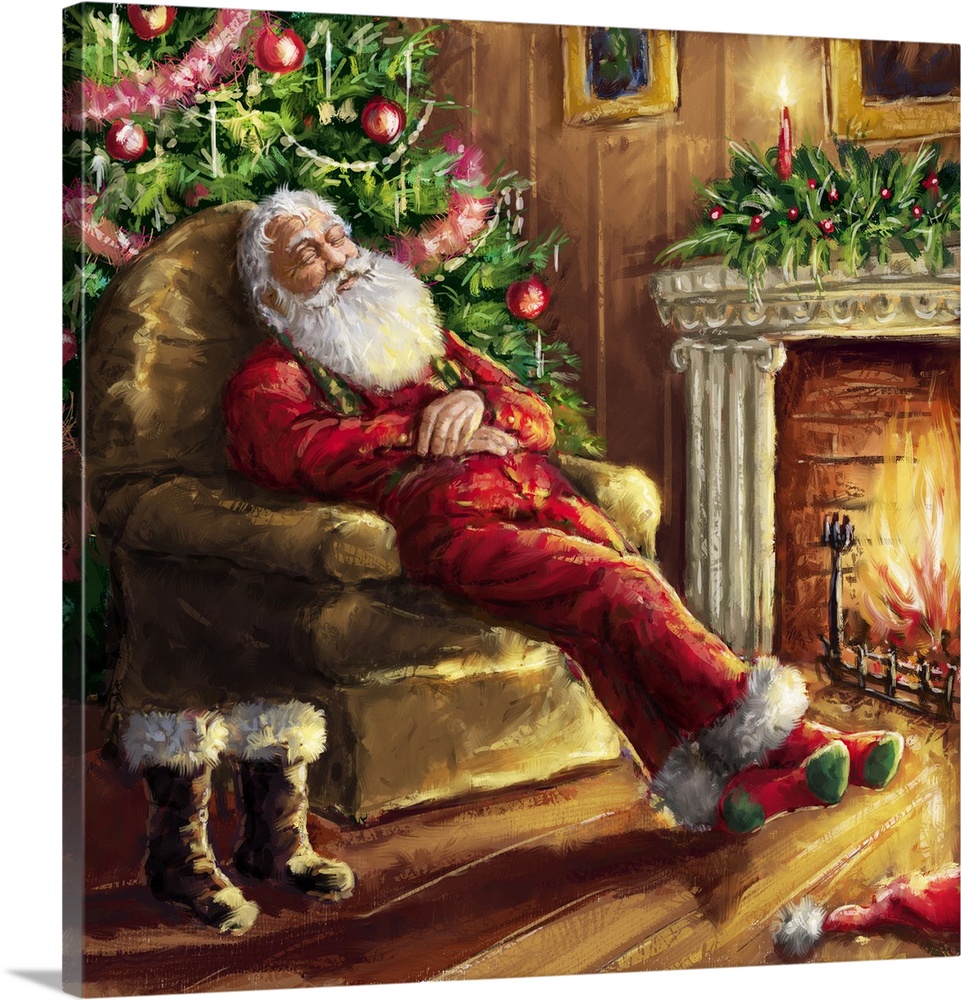 A traditional painting of Santa resting in an armchair in front of a fireplace.