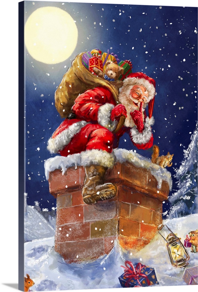 Contemporary painting of Santa getting ready to go down a chimney with a full moon in the sky.