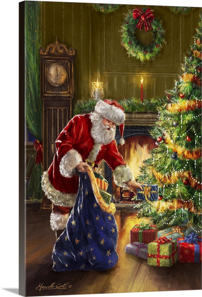 Contemporary painting of Santa placing gifts on a Christmas tree from his blue sack with a fire blazing in the fireplace b...