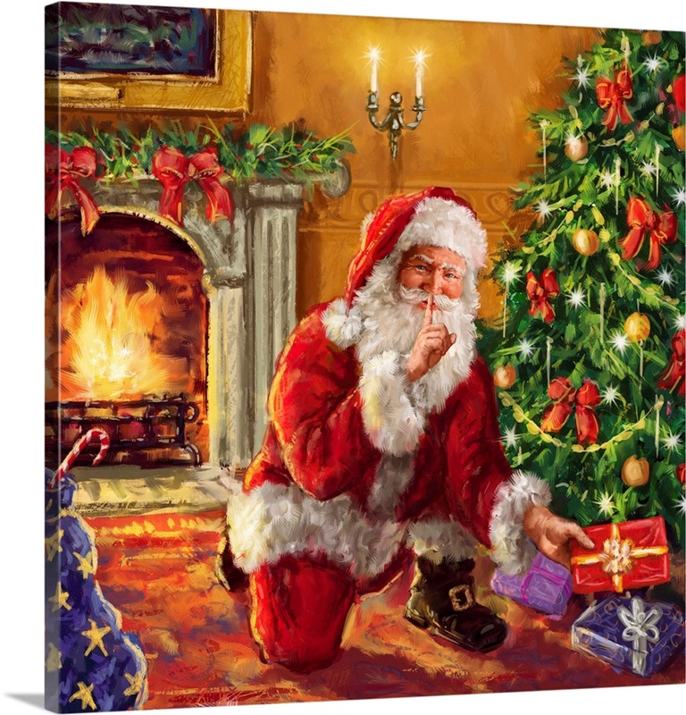 Santa at tree with present | Great Big Canvas