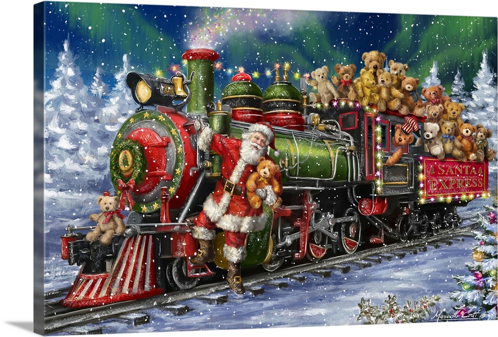 Decorative image of a green and red Santa Express train full of Teddy Bears with Santa riding in the front as the train go...