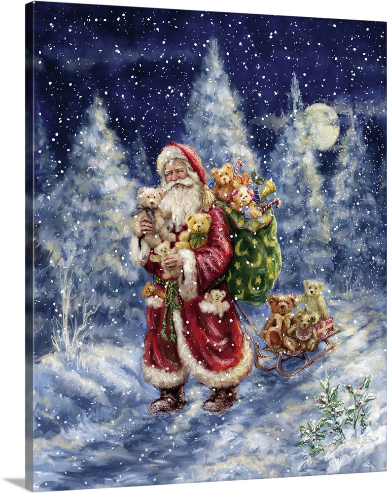 A traditional painting of Santa pulling a sled of stuffed bear along with his sack during a snow fall.