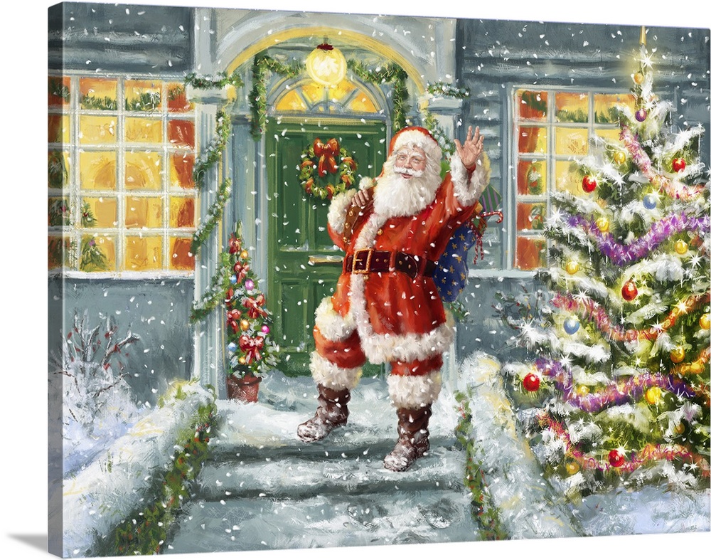 A traditional image of Santa waving at the front door of a house decorated for the holidays while snow is falling.