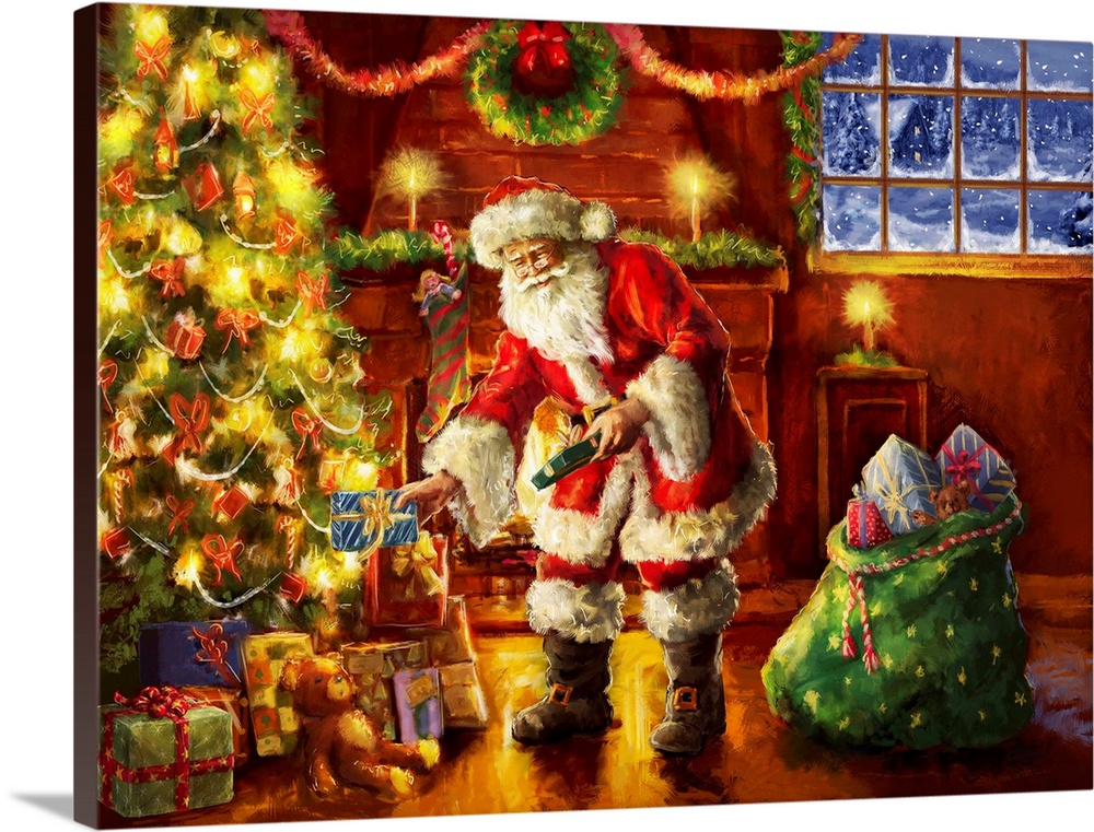 A traditional painting of Santa placing gifts under a Christmas tree in front of a fireplace.