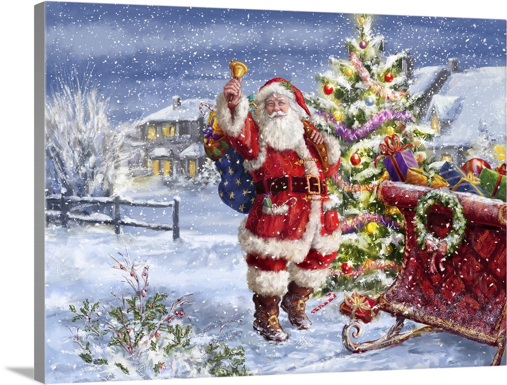 A traditional image of Santa, ringing a bell, beside his sleigh in a neighborhood while snow is falling.