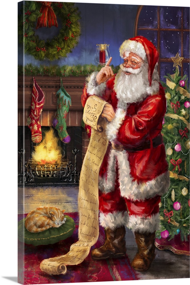 A traditional painting of Santa checking his list at a Christmas tree in front of a fireplace.
