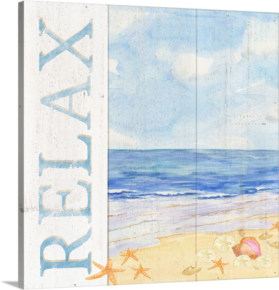 A watercolor beach painting on a wood panel design and a white border with the word 'Relax'.