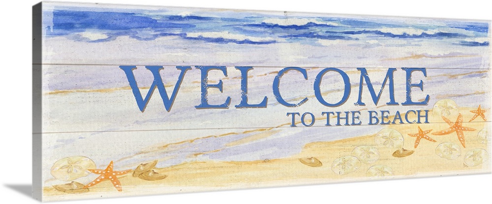 A watercolor beach painting on a wood panel design with the words 'Welcome To The Beach'.