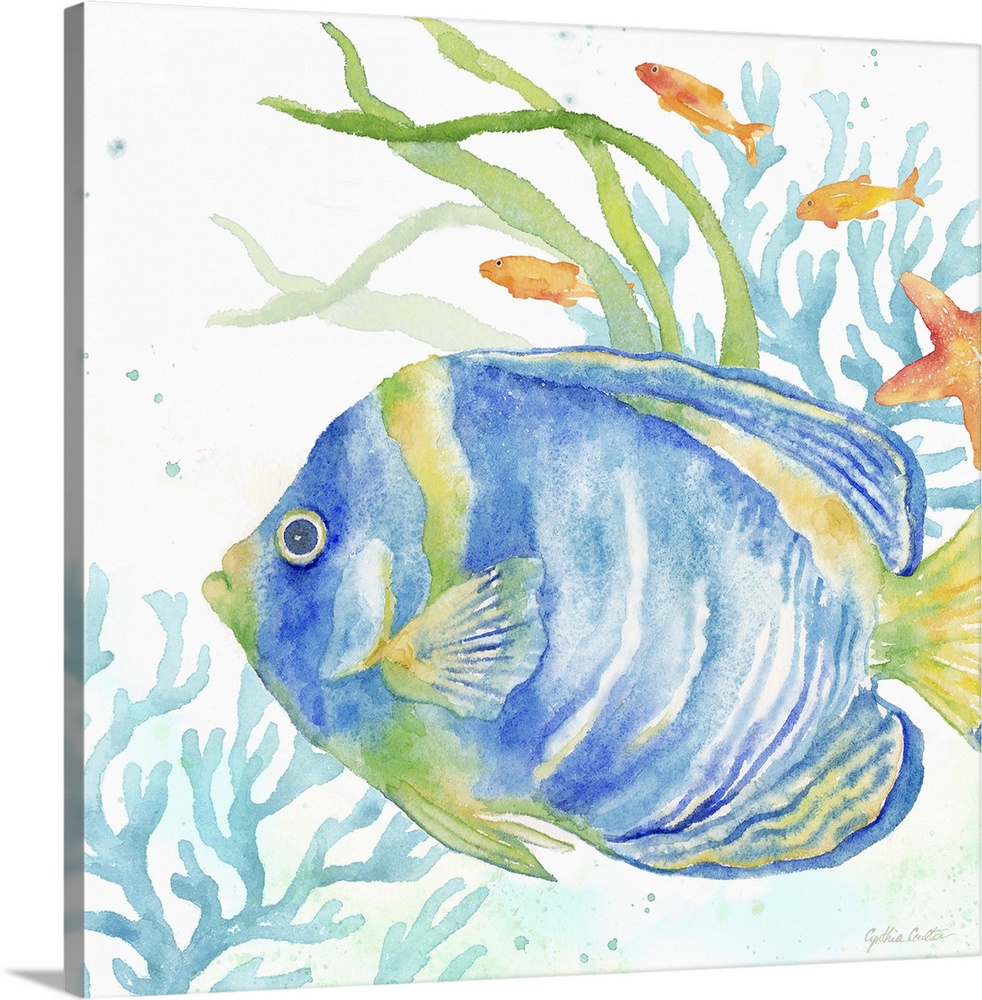 An artistic watercolor painting of a fish and coral underwater in cool tones of blue and green.