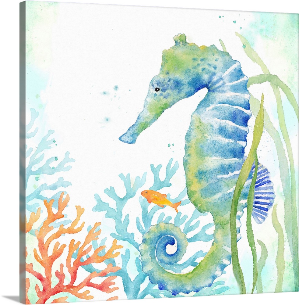 An artistic watercolor painting of a seahorse and coral underwater in cool tones of blue and green.