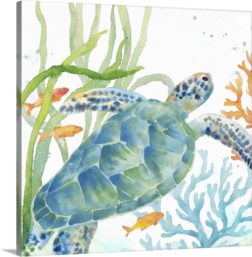 An artistic watercolor painting of a turtle and coral underwater in cool tones of blue and green.