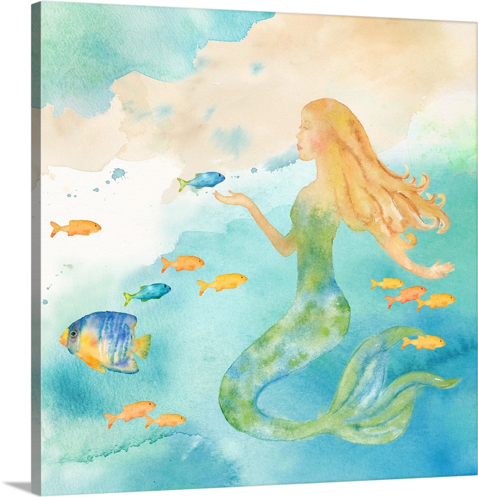 A watercolor image of a mermaid among colorful fish.