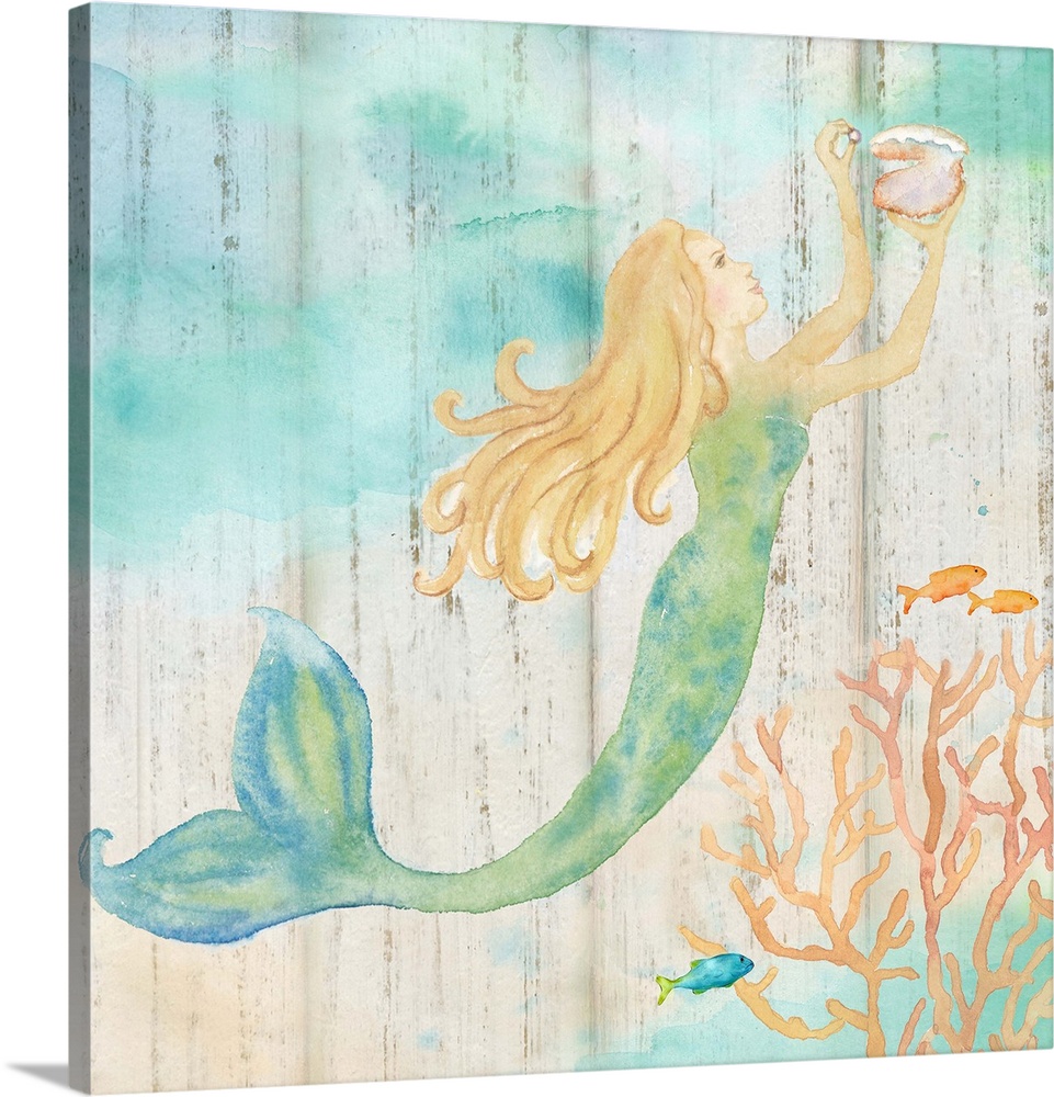 A watercolor image of a mermaid holding a shell with a wood plank appearance.