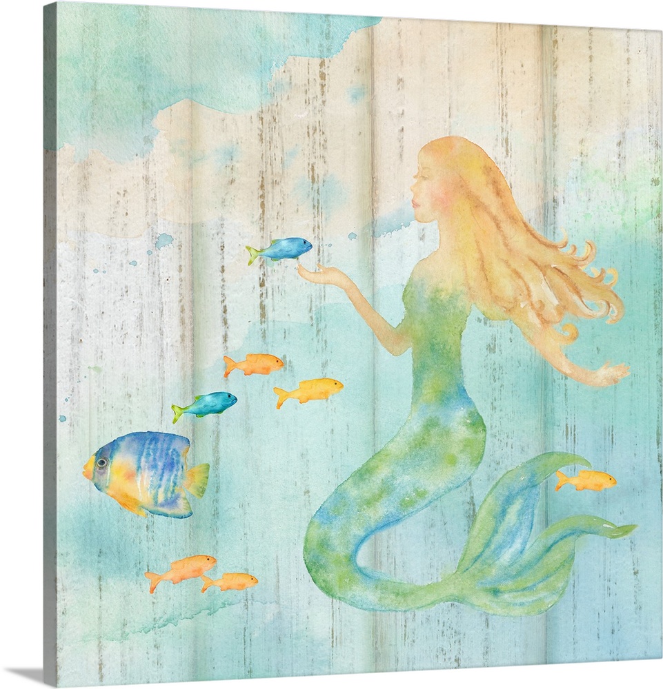 A watercolor image of a mermaid among colorful fish with a wood plank appearance.