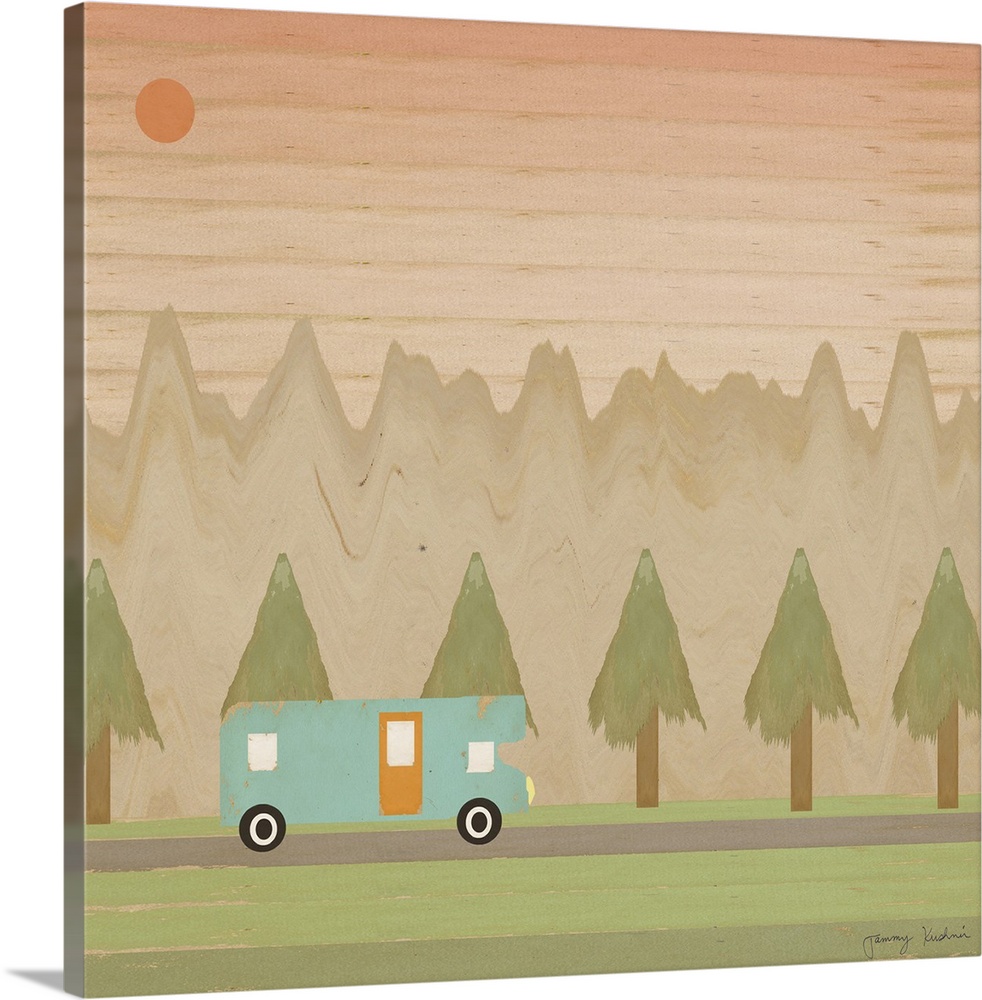 A decorative design with horizontal line of a blue camper in the mountains with a fading sky of pink.