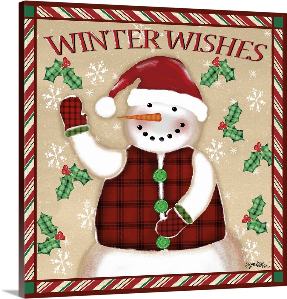 "Winter Wishes" with a snowman along with snowflakes and holly on a beige backdrop, bordered with a striped design.
