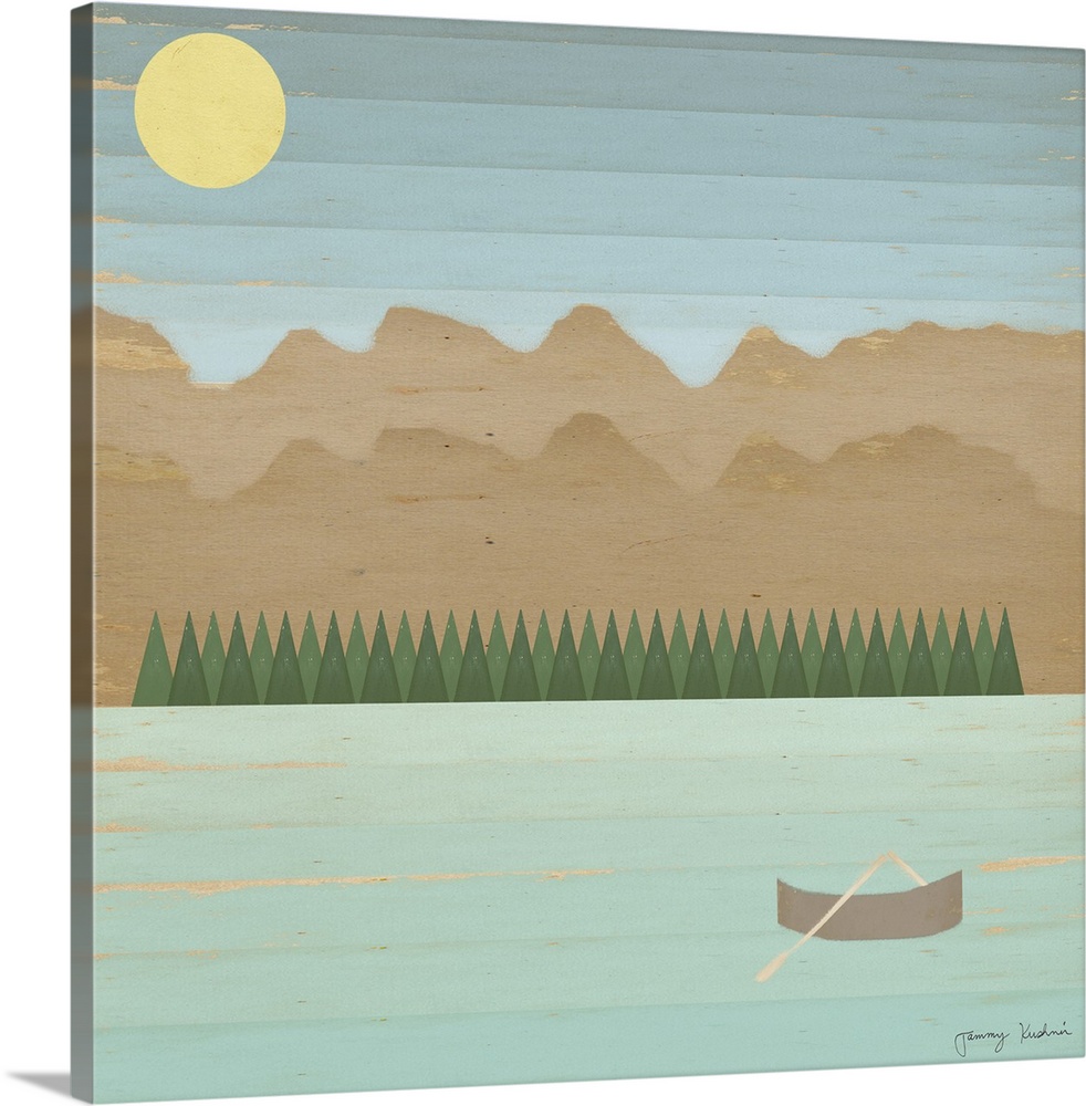 A decorative design with horizontal lines of a canoe on a lake in the mountains with a fading sky of blue.