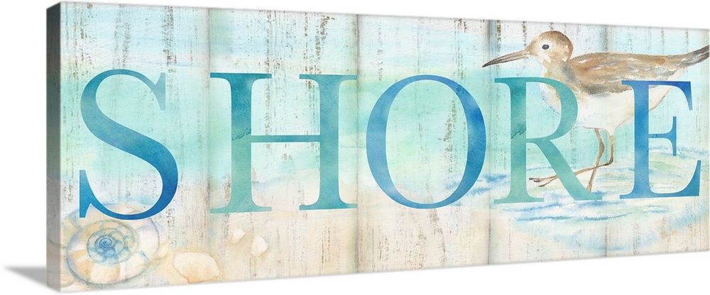 "Shore" in blue over a watercolor image of a shorebird on a beach with a wood plank appearance.