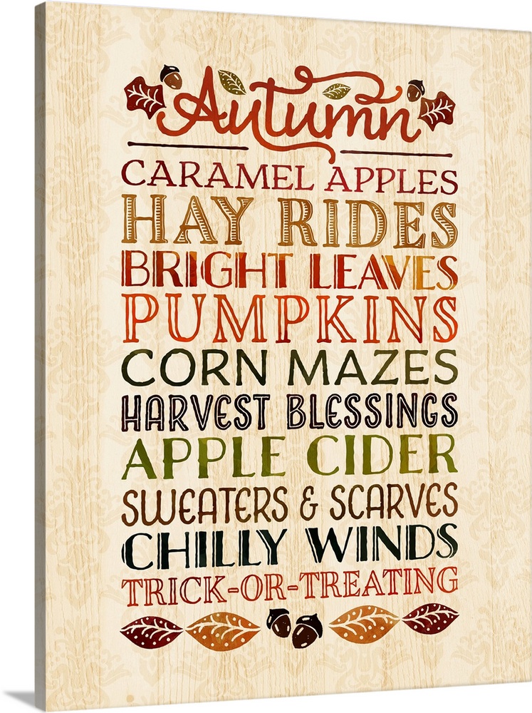 Artistic design of a list in an autumn theme bordered with leaves on a faded beige floral background.